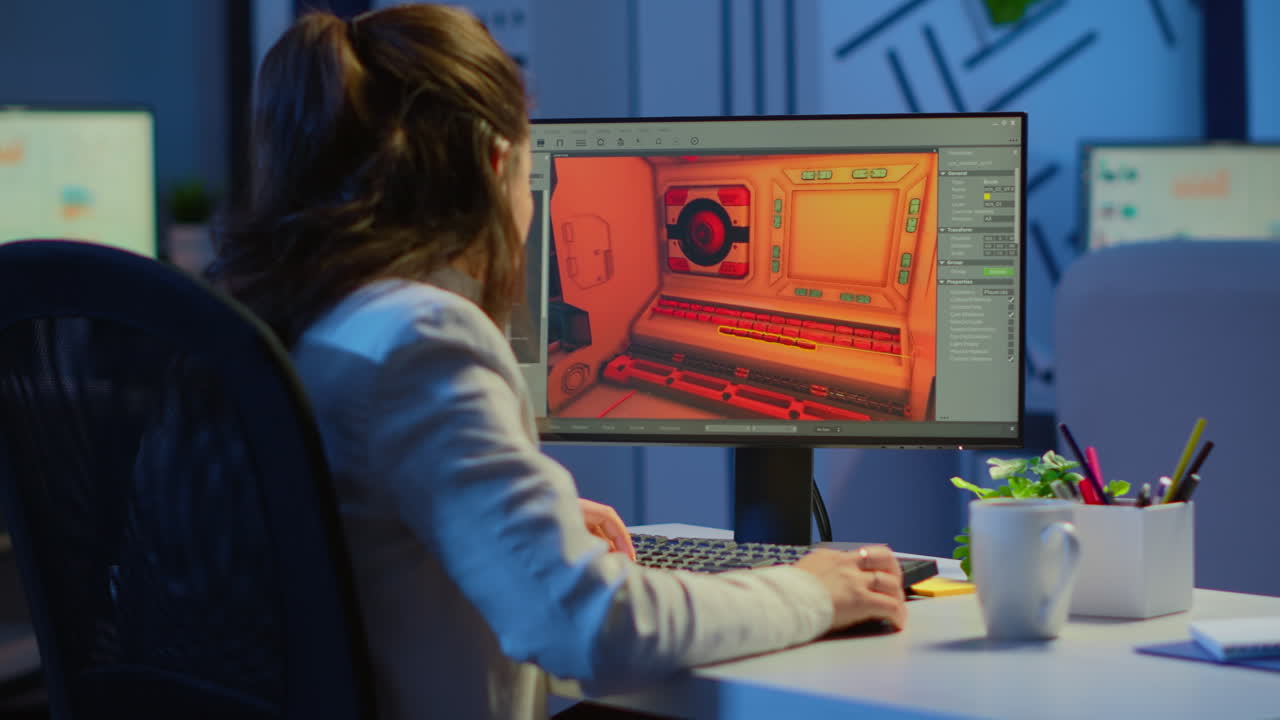mujer desarrolladora de software de juegos probando nuevos juegos horas extras por la noche