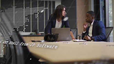 animation of world map and data processing over business people using laptop