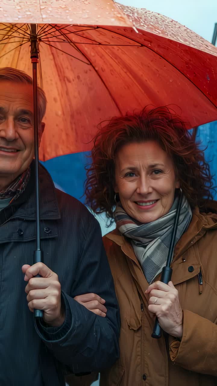 Vertical video: Sheltering senior couple sharing red umbrella on street, rain falling with scarves