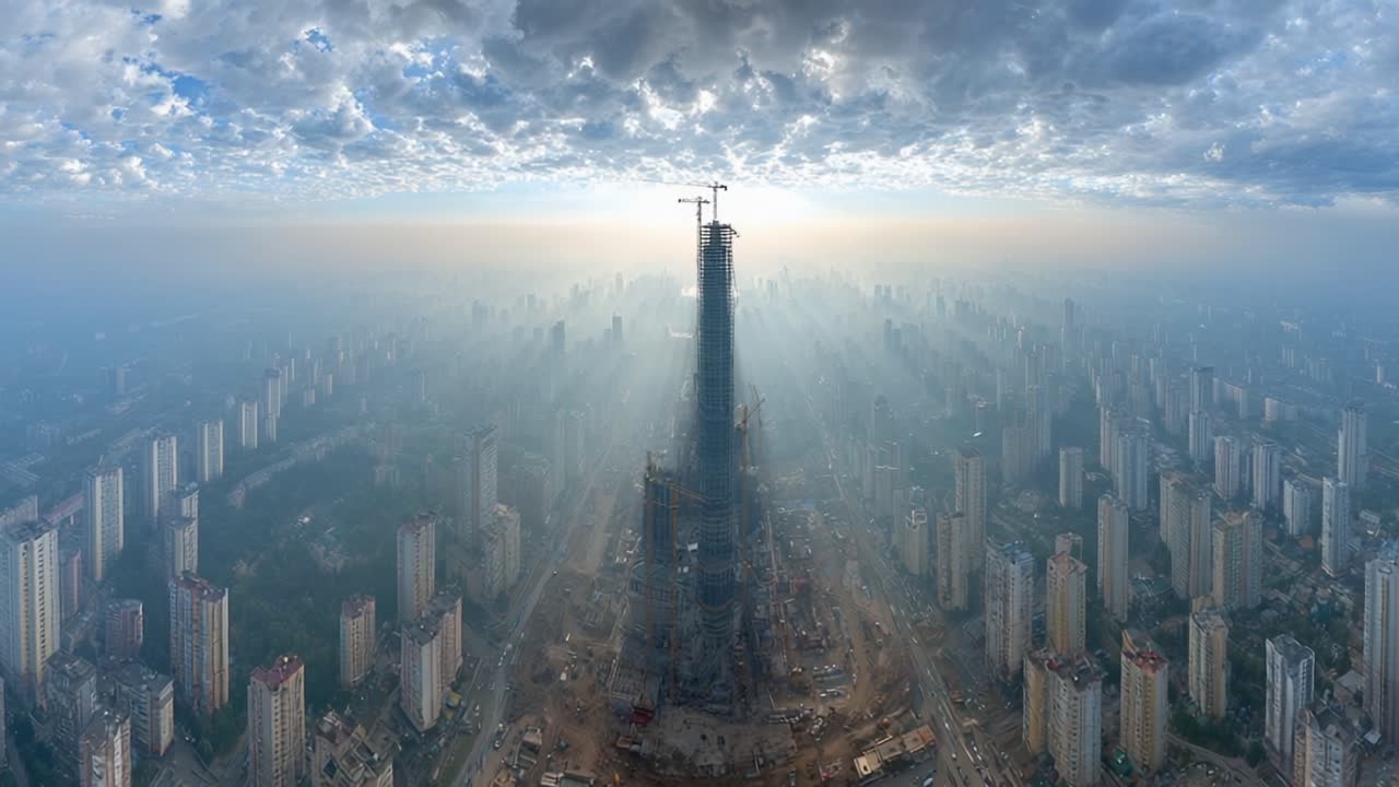 Aerial View of a Majestic Skyscraper Under Construction, Surrounded by a Metropolis and Shimmering Clouds, Symbolizing Urban Development and Modern Architecture