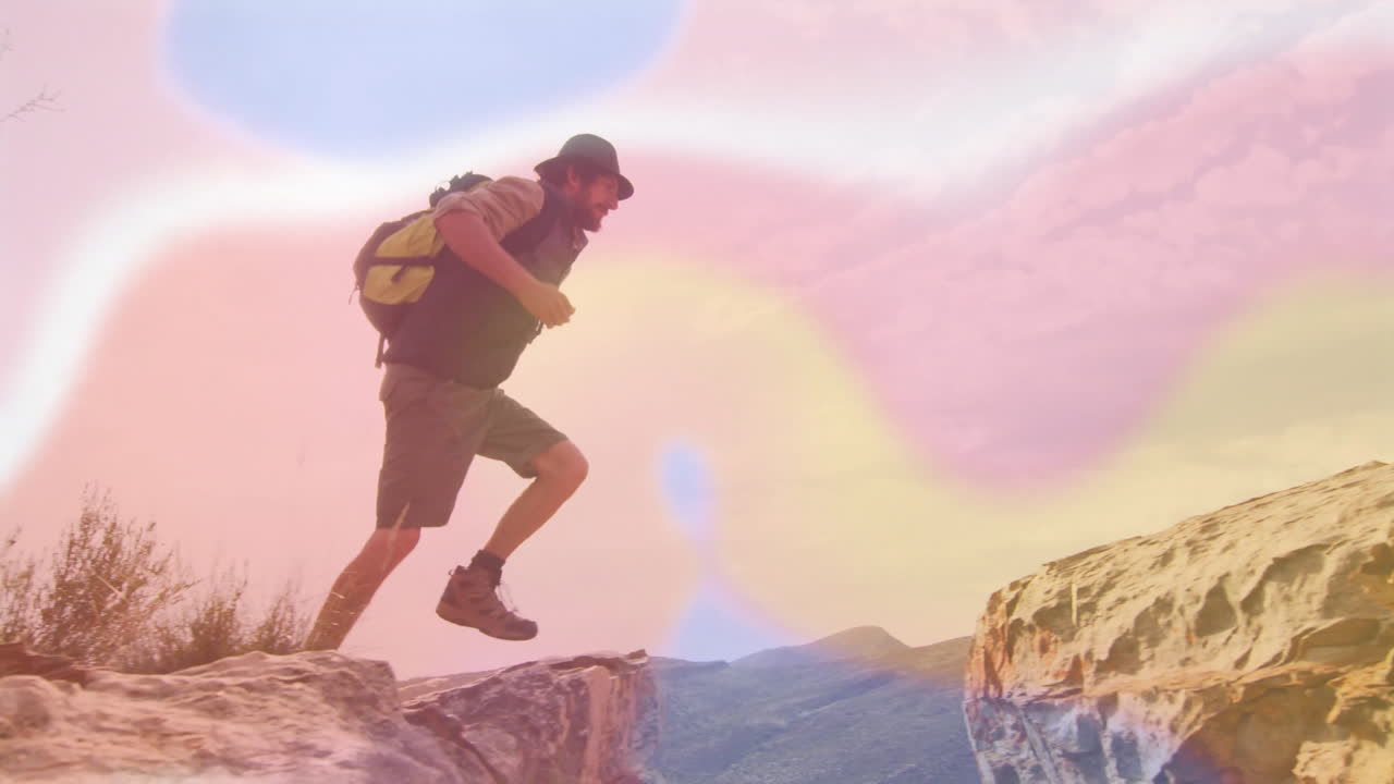 Man jumping across rocky ledge in outdoor travel, showing animated route line and elevation chart