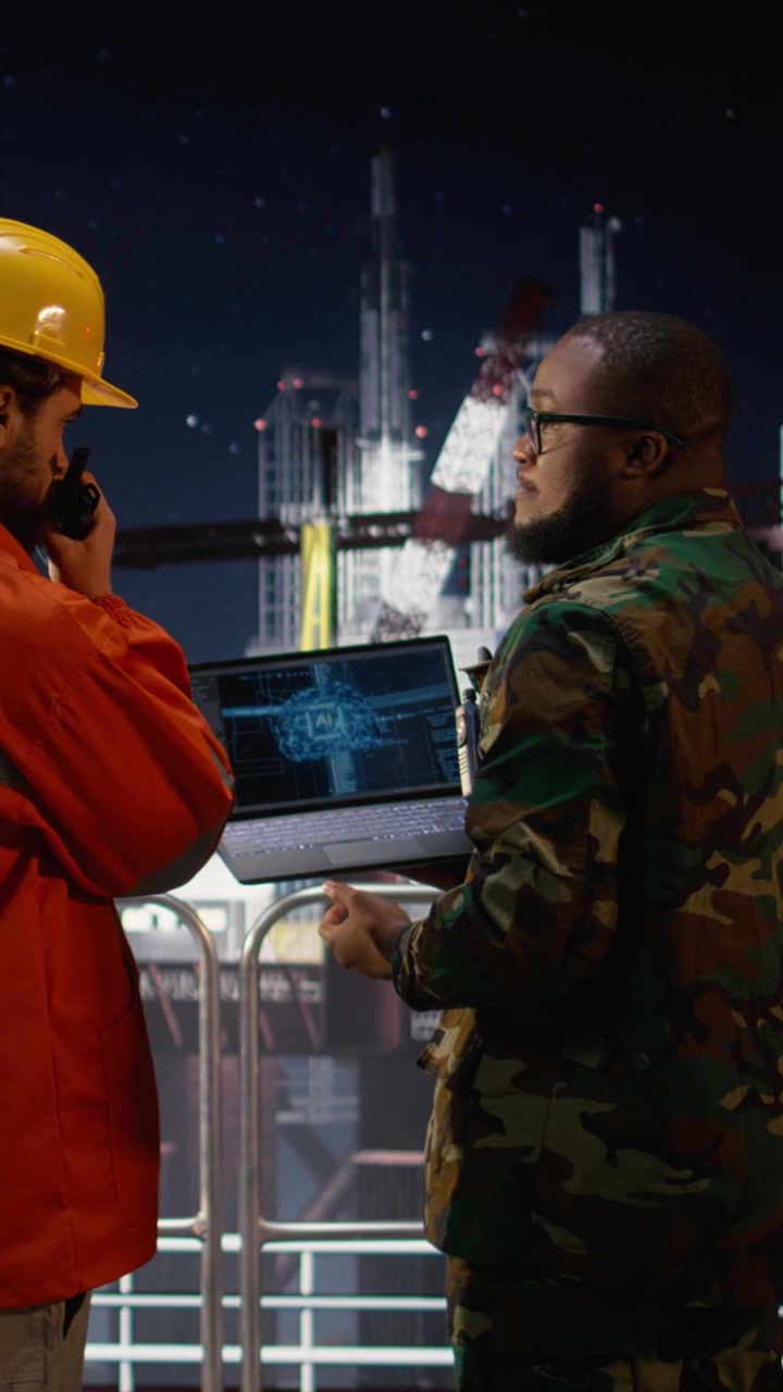 Vertical video Military man and offshore rig worker use AI during oil crisis conflict