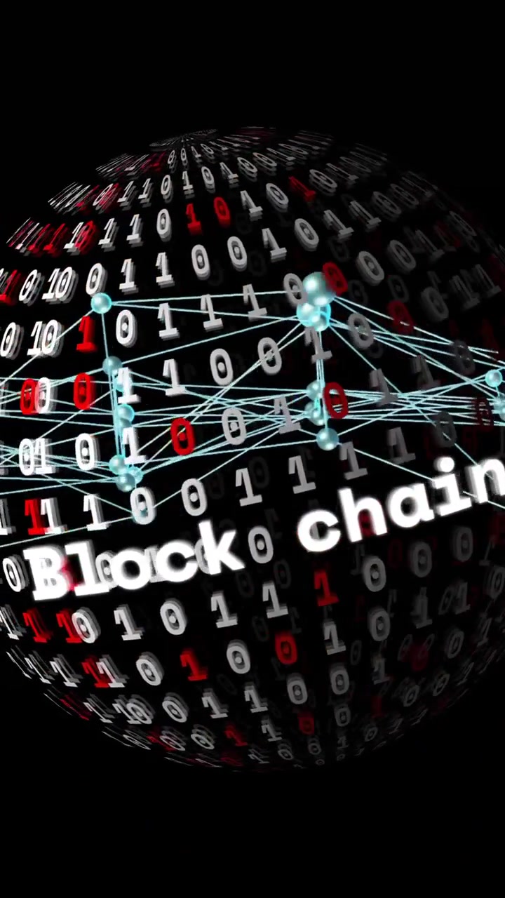 Blockchain and binary code animation over rotating globe with network connections