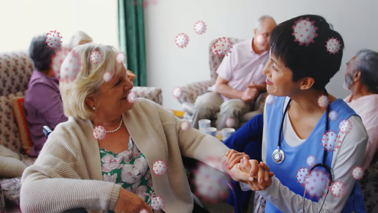 코로나바이러스 코로나19 세포가 고령 백인 여성과 의료 종사자에게 퍼지는 애니메이션