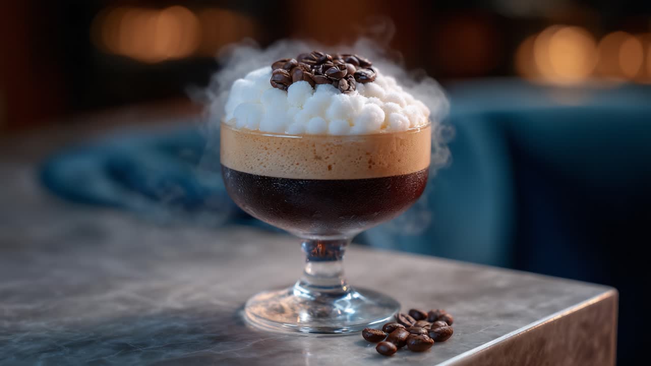 A Captivating Close-Up of a Delightful Coffee Creation with Creamy Foam and Coffee Beans, Perfectly Crafted for an Exquisite Beverage Experience