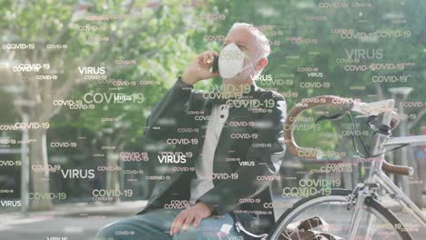 animation of multiple covid 19 text over senior man wearing face mask