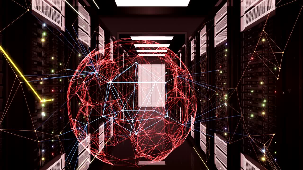 conexiones de red globales abstractas esfera que fluye entre enlaces en racks de servidores de salas de centros de datos futuristas animación 3d loopable tecnología digital global y concepto de negocio.