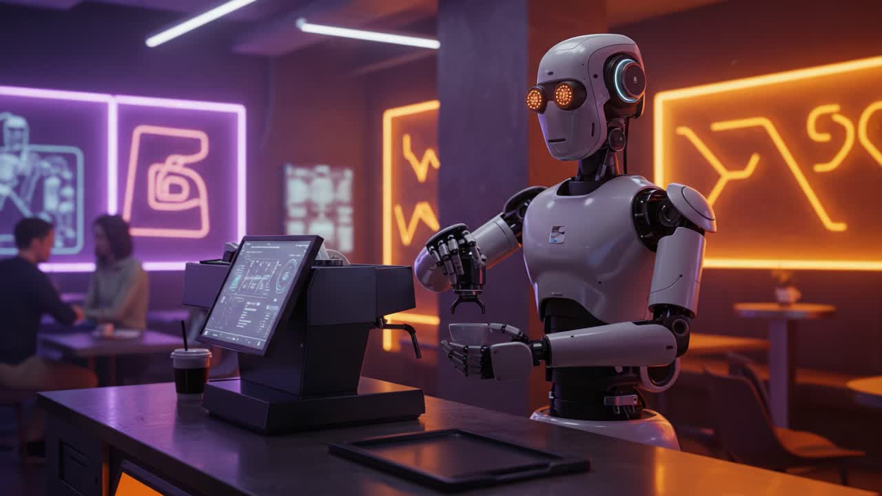 Futuristic Robotic Barista at Work: Engaging with Customers and Serving Coffee in a Modern Cafe Environment with Neon Accents and Advanced Technology