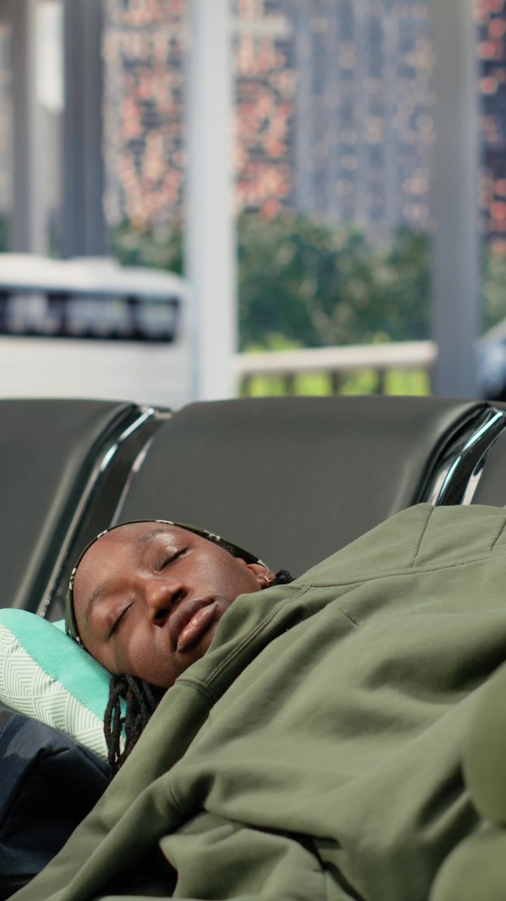 Young Woman Sleeping on Airport Terminal Bench