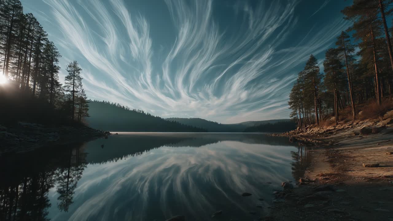 Riflessi sereni del cielo: nuvole affascinanti danzano su un lago tranquillo, circondato da pini maestosi in un ambiente selvaggio e pacifico