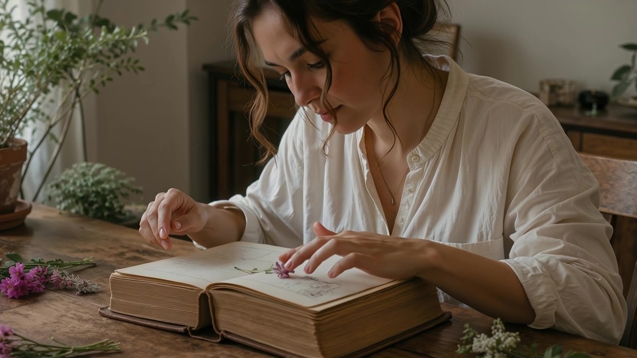 Giovane donna che sistema e pressa con cura fiori secchi all'interno di un libro vintage su un tavolo di legno