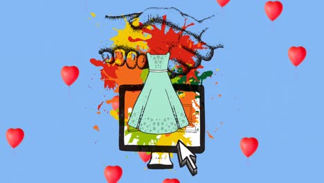 Animation-of-dress-and-computer-icons-box-over-hearts-on-blue-background