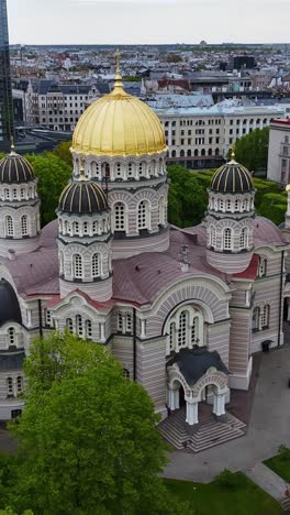 the nativity of christ cathedral, with its gleaming golden dome, stands tall in central riga, latvia - vertical shot