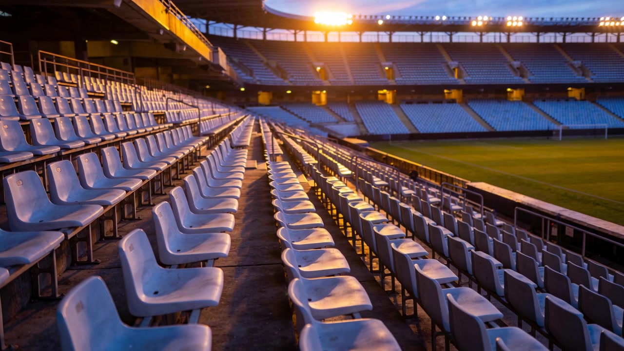 Sun sinking, bathing molded seats and center aisle in stadium, floodlights brightening