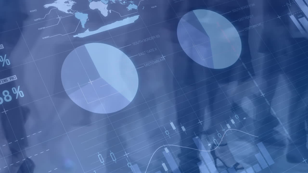 caminando personas con datos financieros en el fondo 4k