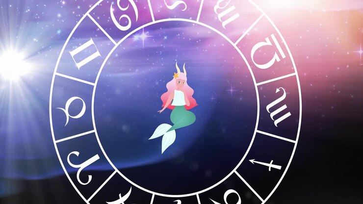 Animazione di un segno zodiacale con una ruota dell'oroscopo che gira su stelle su uno sfondo sfumato dal blu al viola