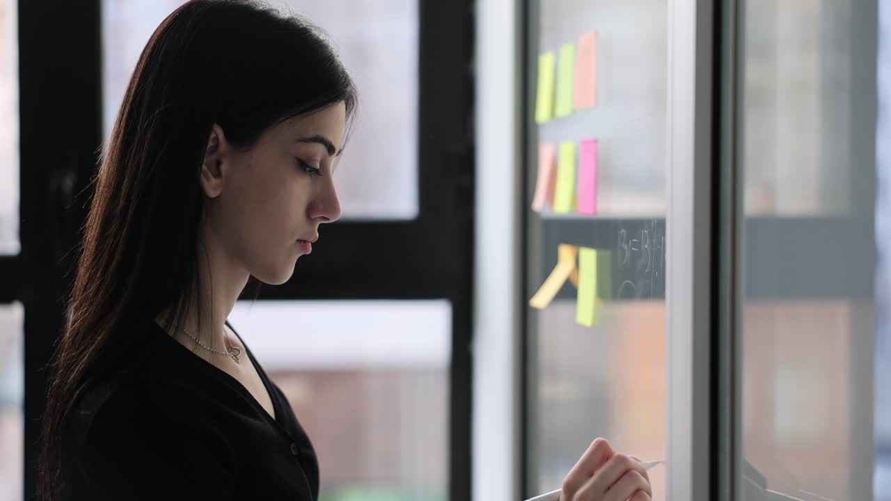 Lavoratore scrive una soluzione su una lavagna di vetro con un pennarello