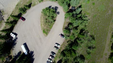 Aerial-Top-Down-Cat-Creek-Trailhead,-Kananaskis,-Alberta,-Canada
