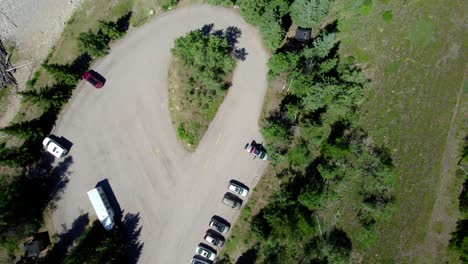 aerial top down cat creek trailhead, kananaskis, alberta, canada