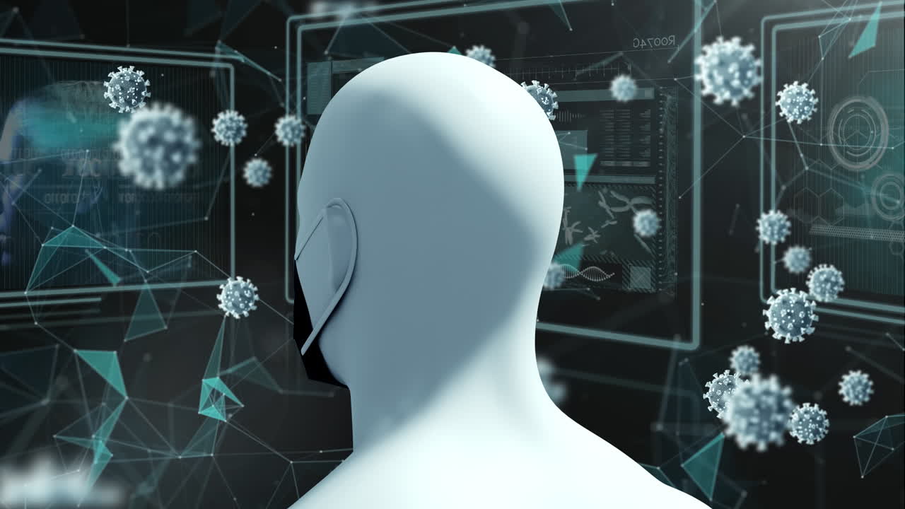 animación de células de covid-19 sobre la cabeza humana con máscara facial sobre el procesamiento de datos en pantallas