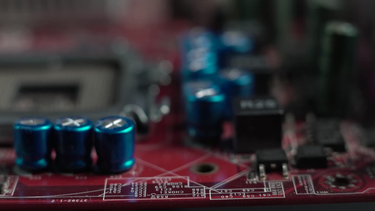 Scheda madre di computer. Macro ravvicinata di componenti elettronici