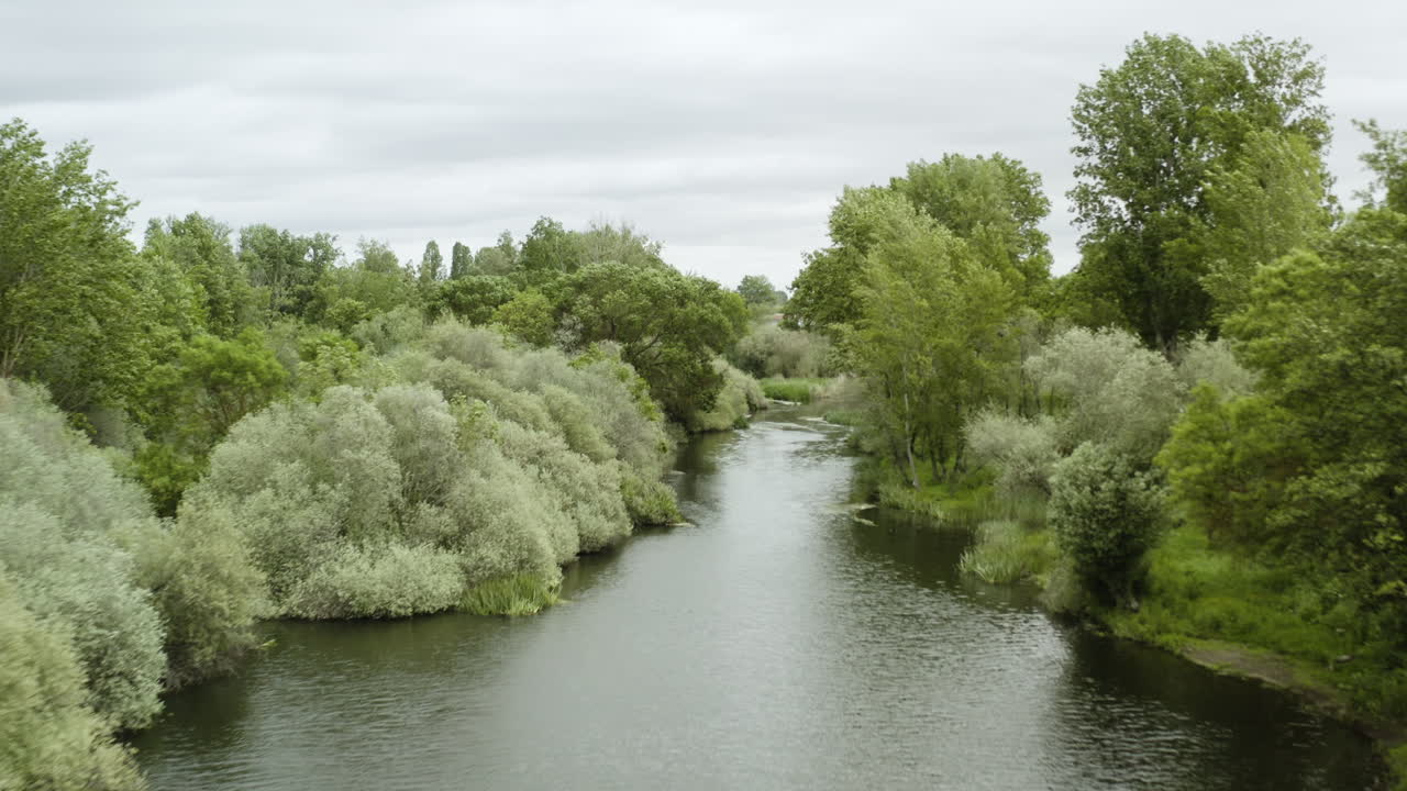 Tormes-floden omgivet af frodig grøn vegetation ved Soto Island Naturreservat i Salamanca, Spanien.