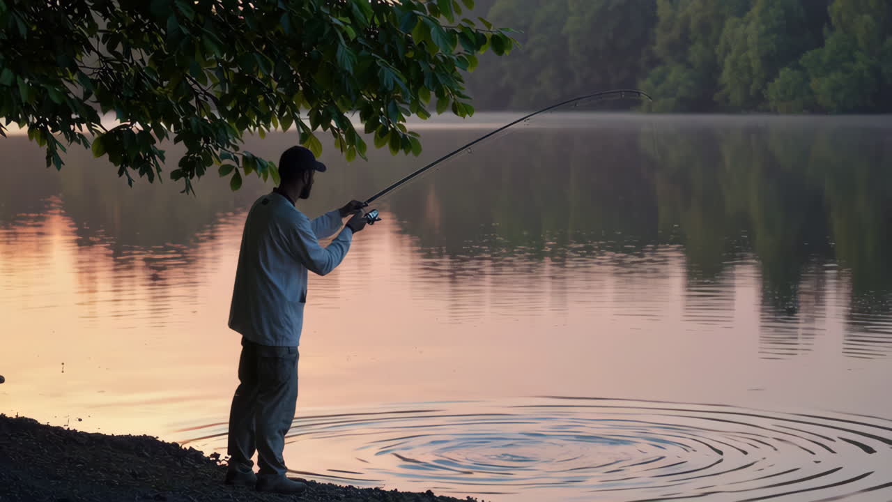Fisherman at Sunrise/Sunset on a Lake