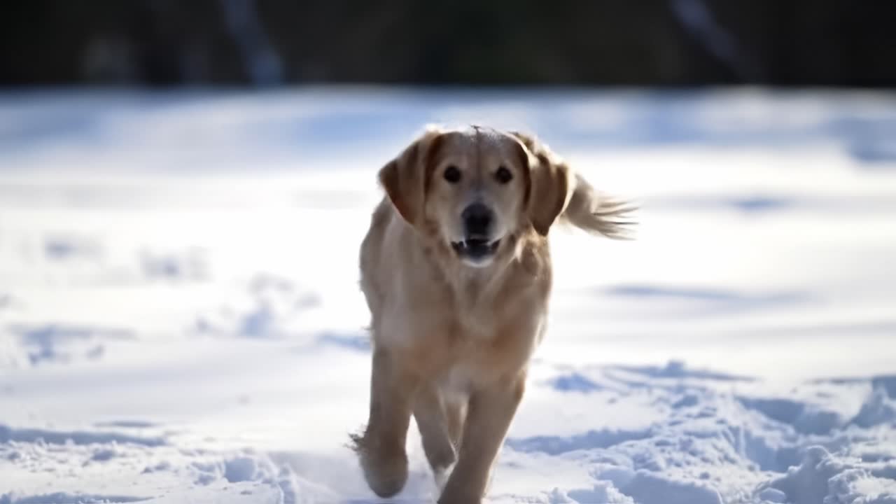 A happy golden retriever frolics in a snowy landscape, chasing snowflakes under clear blue skies. The playful dog enjoys the cold weather.