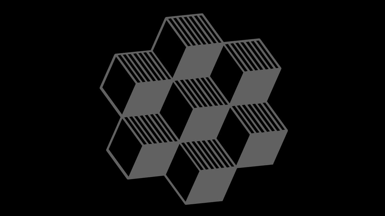 16:9 영상 형식으로 풀 스크린에서 중앙으로 사라지는 크기를 줄여 시계 방향으로 회전하는 스트로보스코픽 및 최면 효과를 가진 흑백 그래픽 객체