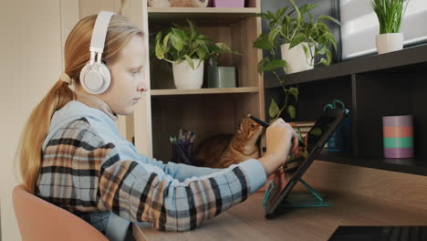 the girl draws, uses a digital graphics tablet. inspiration and new technologies. she is being watched by a red cat sitting on a shelf