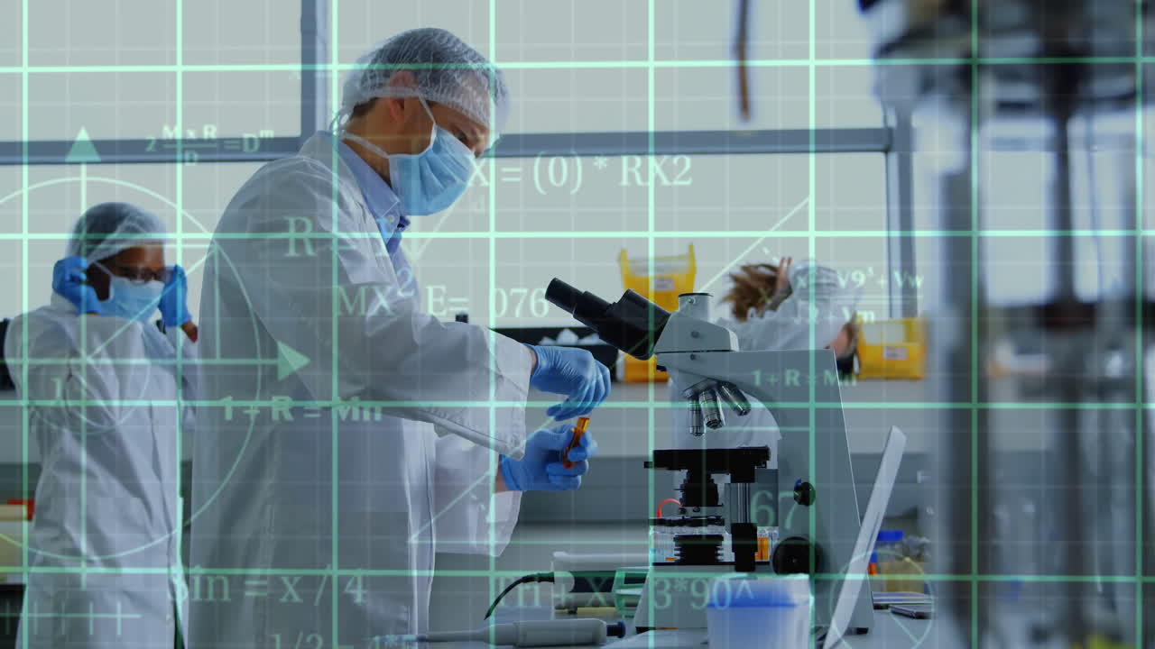 animación del procesamiento de datos científicos sobre diversos científicos en el laboratorio