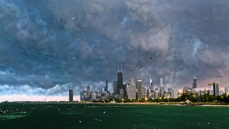 heavy waves and wind, leaves flying, storm building above downtown chicago