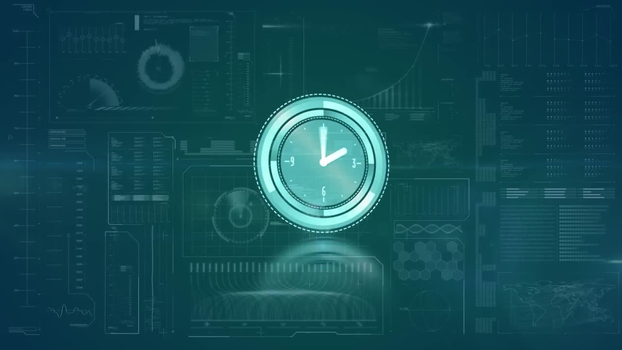 Animazione di orologio in rapido movimento, elaborazione di dati e statistiche sullo schermo