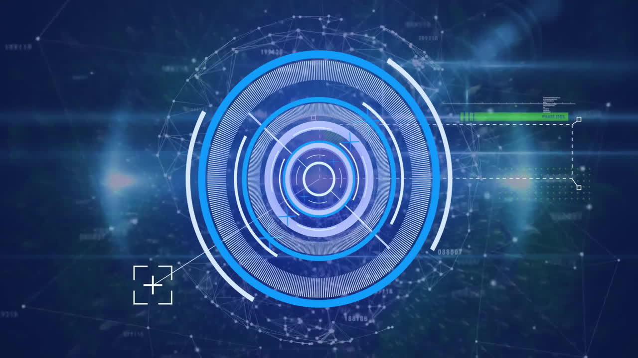 Animation of data processing, network of connections over scope scanning