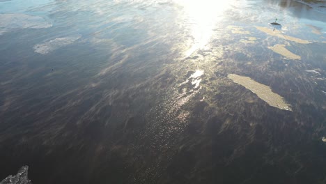 frozen river with ice floes and reflections