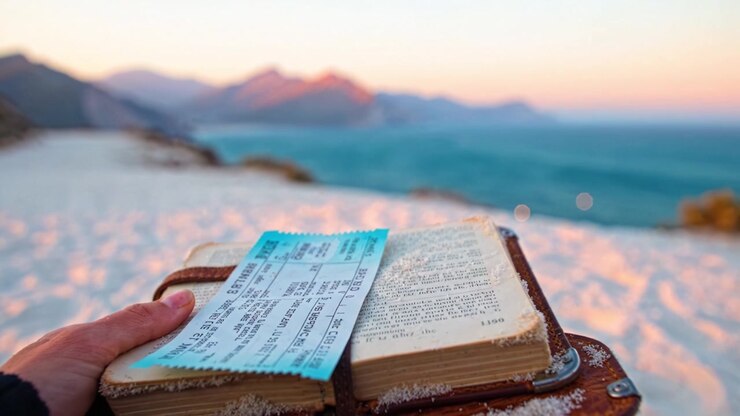 A Beautiful Sunset Over Sandy Shores: Holding a Travel Journal and Tickets in Hand while Gazing at the Scenic Mountains and Ocean View