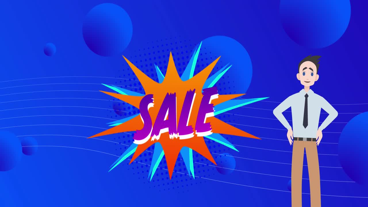 남자 아이콘과 패턴을 가진 레트로 스피치 버블에 판매 텍스트의 애니메이션