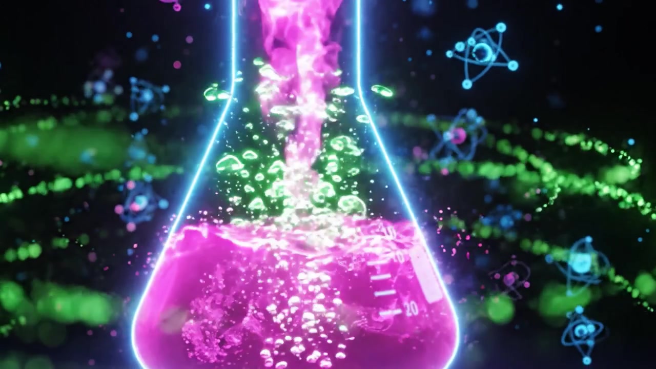 Una Straordinaria Trasformazione di una Fiaschetta da Laboratorio al Neon: Da Semplice Liquido a una Reazione Chimica Colorata Piena di Energia e Attività in un Ambiente Buio