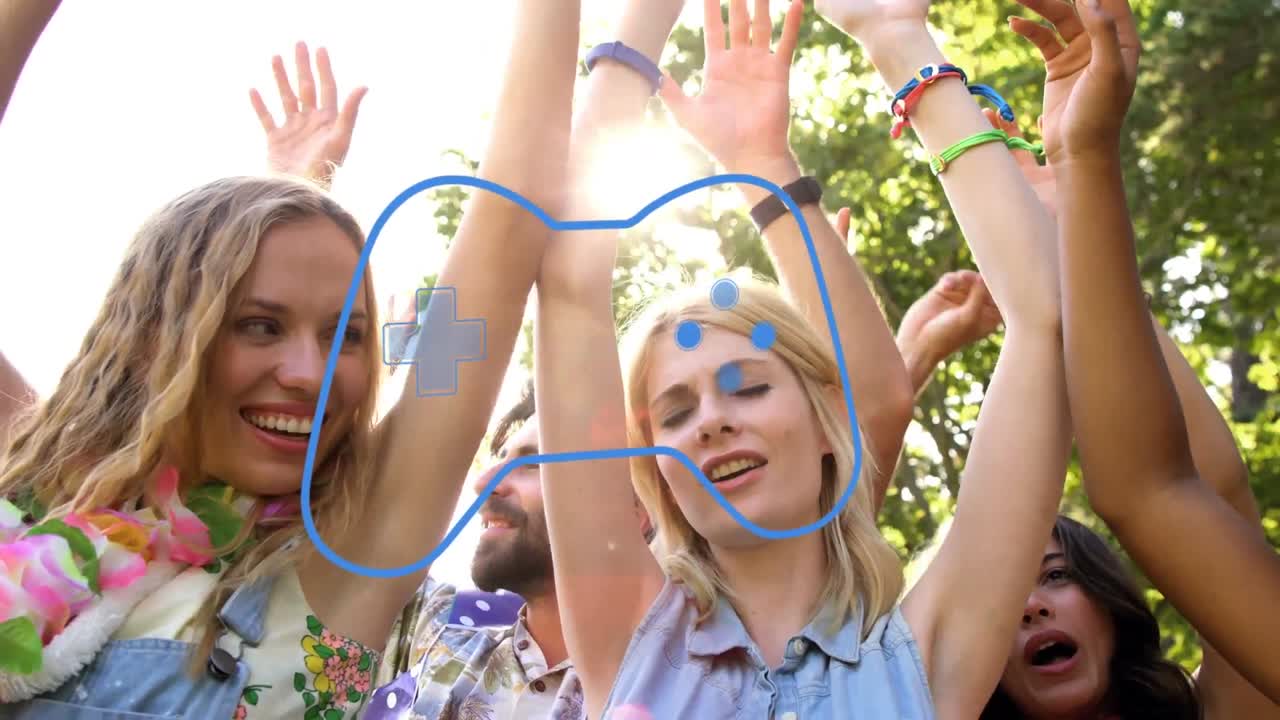 파티에서 춤추는 다양한 사람들 위에 게임패드 아이콘의 애니메이션.