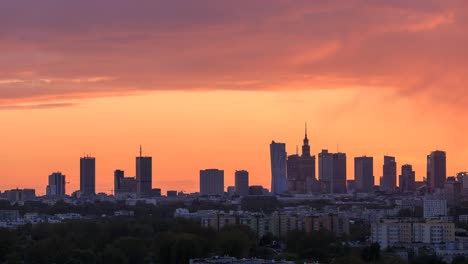 sunset over warsaw with a quick shower of rain.  cityscape is illuminated after sunset by great city lights.