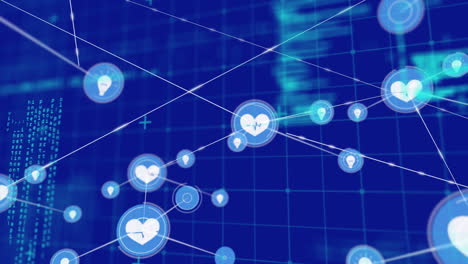 animation of connected icons and computer language over blue background