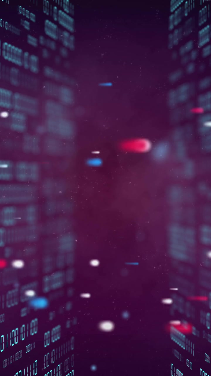 Animation of colourful spots over data processing on black background