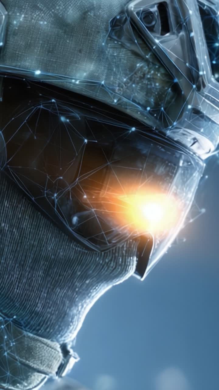 Futuristic Soldier in High-Tech Gear Engaging in Digital Warfare with Advanced Visor Technology Emphasizing Tactical Precision and Virtual Environments