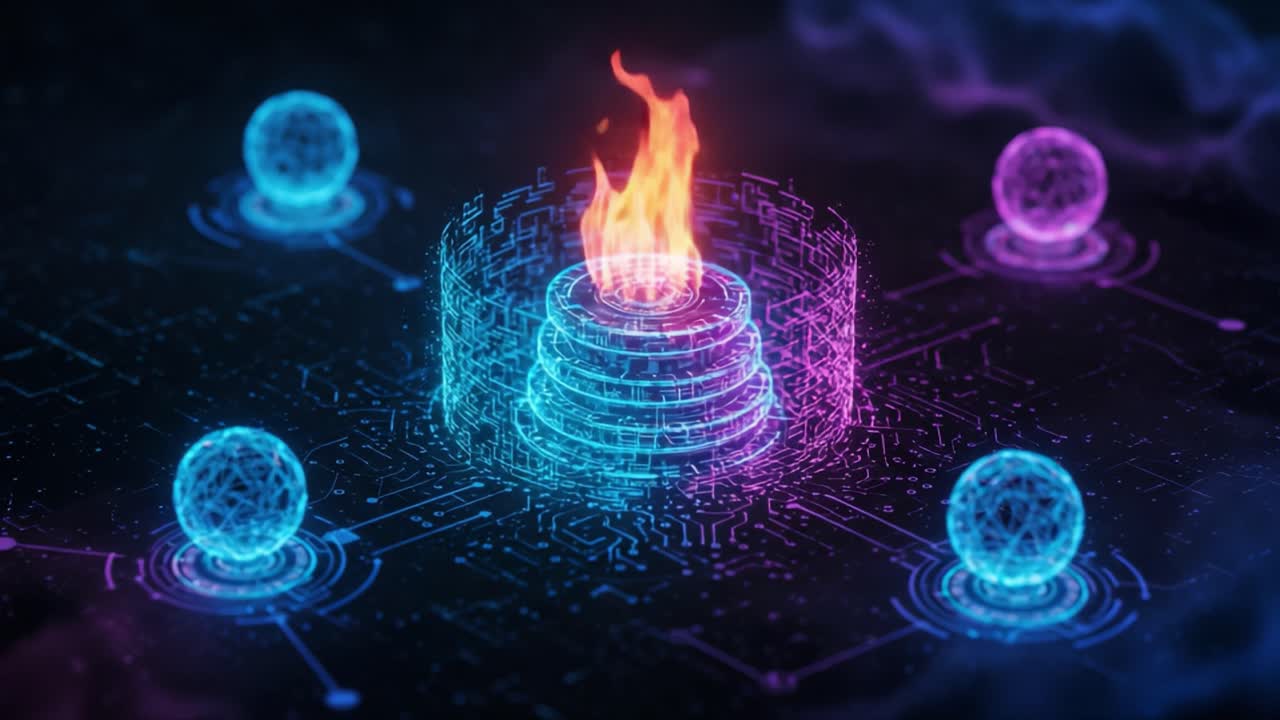 A Dynamic Visualization of Digital Energy: A Futuristic Concept Featuring Geometric Structures, Flames, and Spheres in a High-Tech Cybernetic Environment