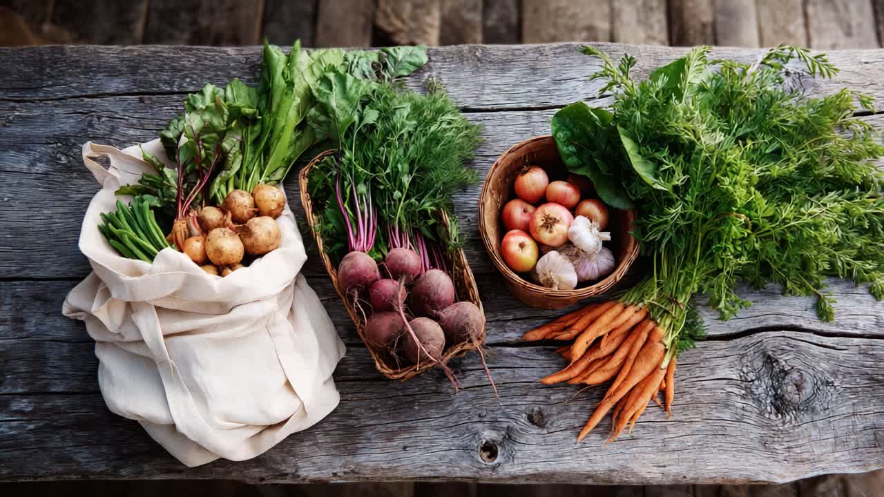 Legumes e ervas recém-colhidos exibidos em uma mesa rústica de madeira, mostrando uma variedade de produtos coloridos, incluindo cenouras, rabanetes e verduras