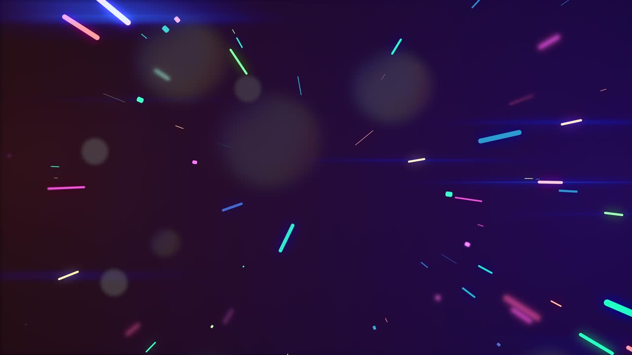 rayos de neón multicolores brillantes en movimiento de túnel con partículas bokeh translúcidas flotando alrededor.
