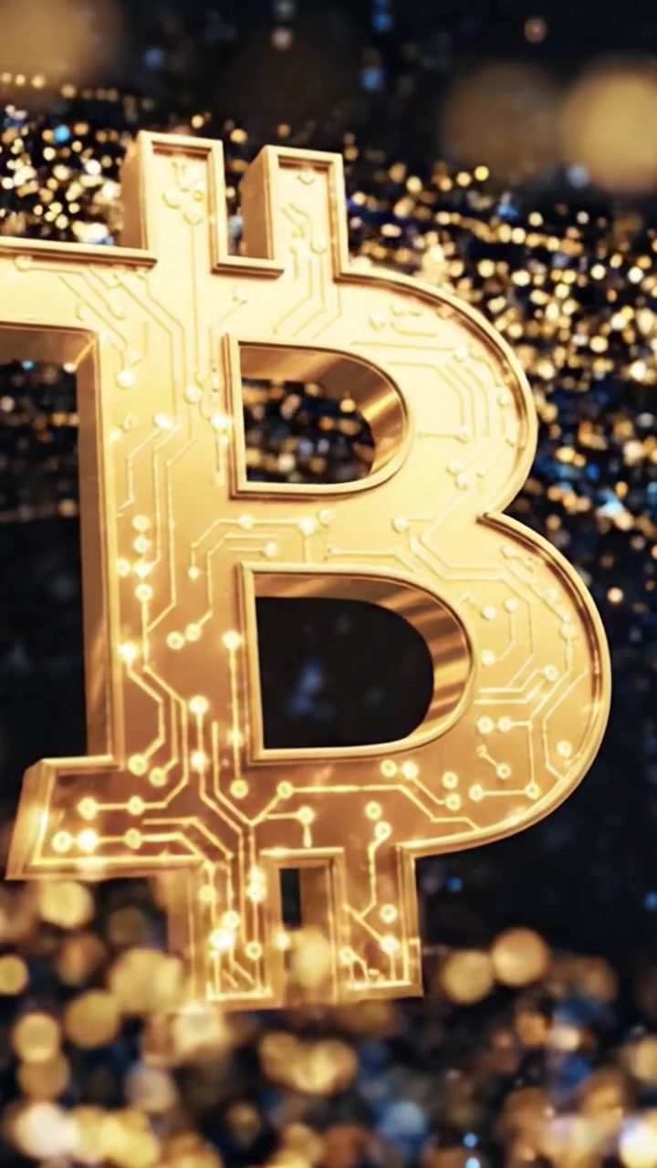 Uno Splendido Bitcoin Dorato in un Paesaggio Digitale Futuristico con Luci Scintillanti e Motivi Circuitati, Evidenziando l'Evoluzione della Tecnologia Criptovalutaria