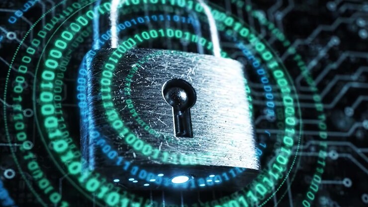 Concetto di sicurezza digitale e protezione dei dati con un lucchetto a combinazione circondato da codice binario per enfatizzare la crittografia delle informazioni e le misure di cybersecurity