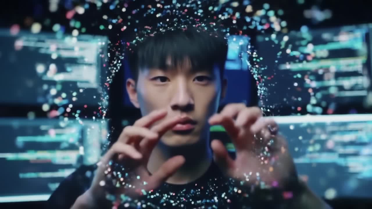 A Young Scientist Engages with Digital Particles in an Advanced Computing Environment, Merging Reality and Virtuality in a Captivating Experience of Data Manipulation