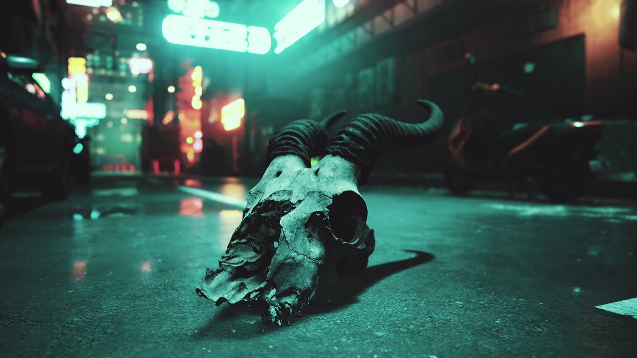 A skull in the middle of a deserted city street at night.